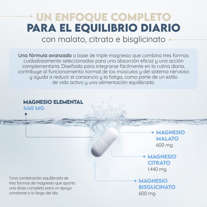 Triple Magnesio Citrato + Malato + Bisglicinato 90 días Relajación N2 Natural Nutrition 180 comprimidos