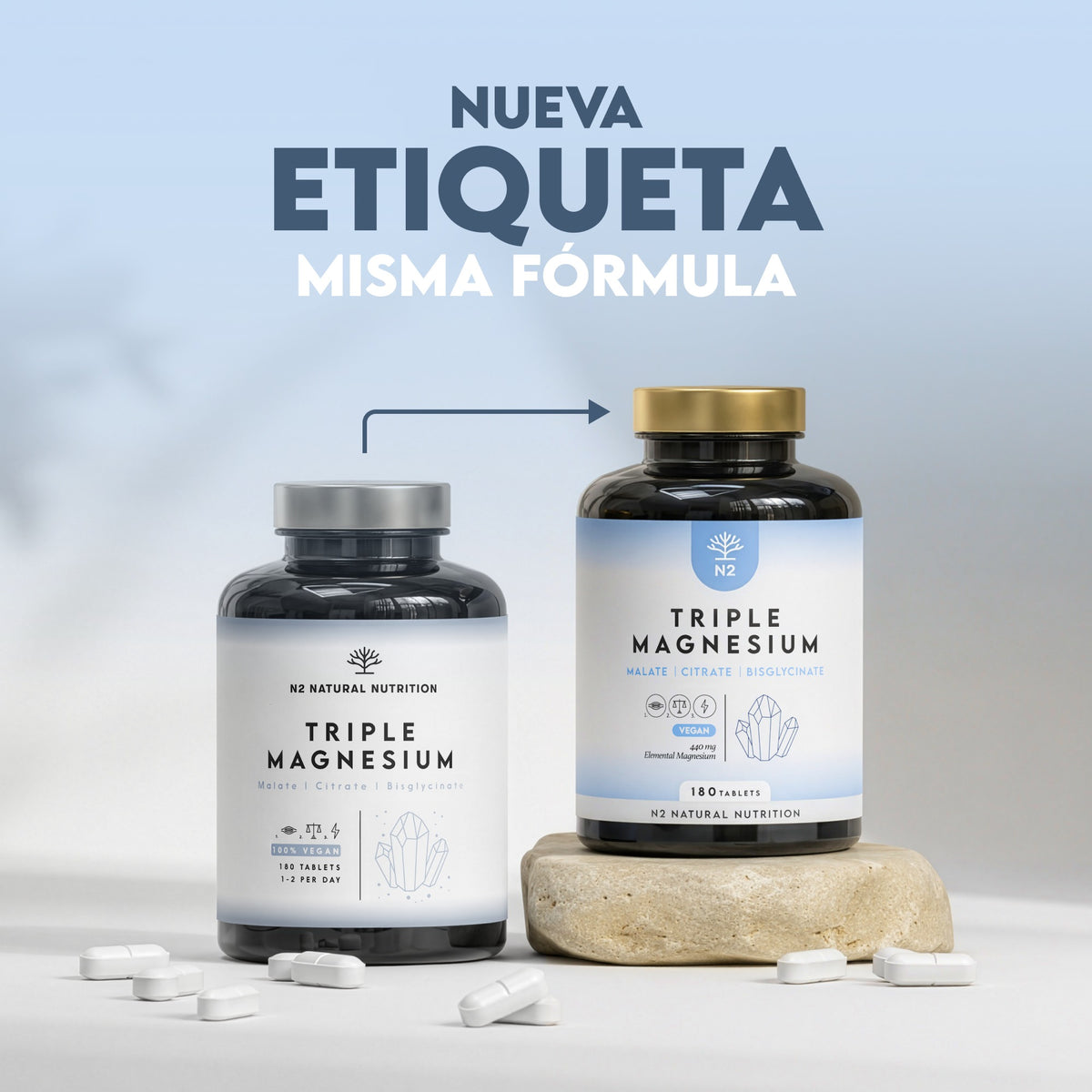 Triple Magnesio Citrato + Malato + Bisglicinato 90 días Relajación N2 Natural Nutrition 180 comprimidos