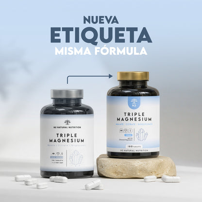 Triple Magnesio Citrato + Malato + Bisglicinato 90 días Relajación N2 Natural Nutrition 180 comprimidos