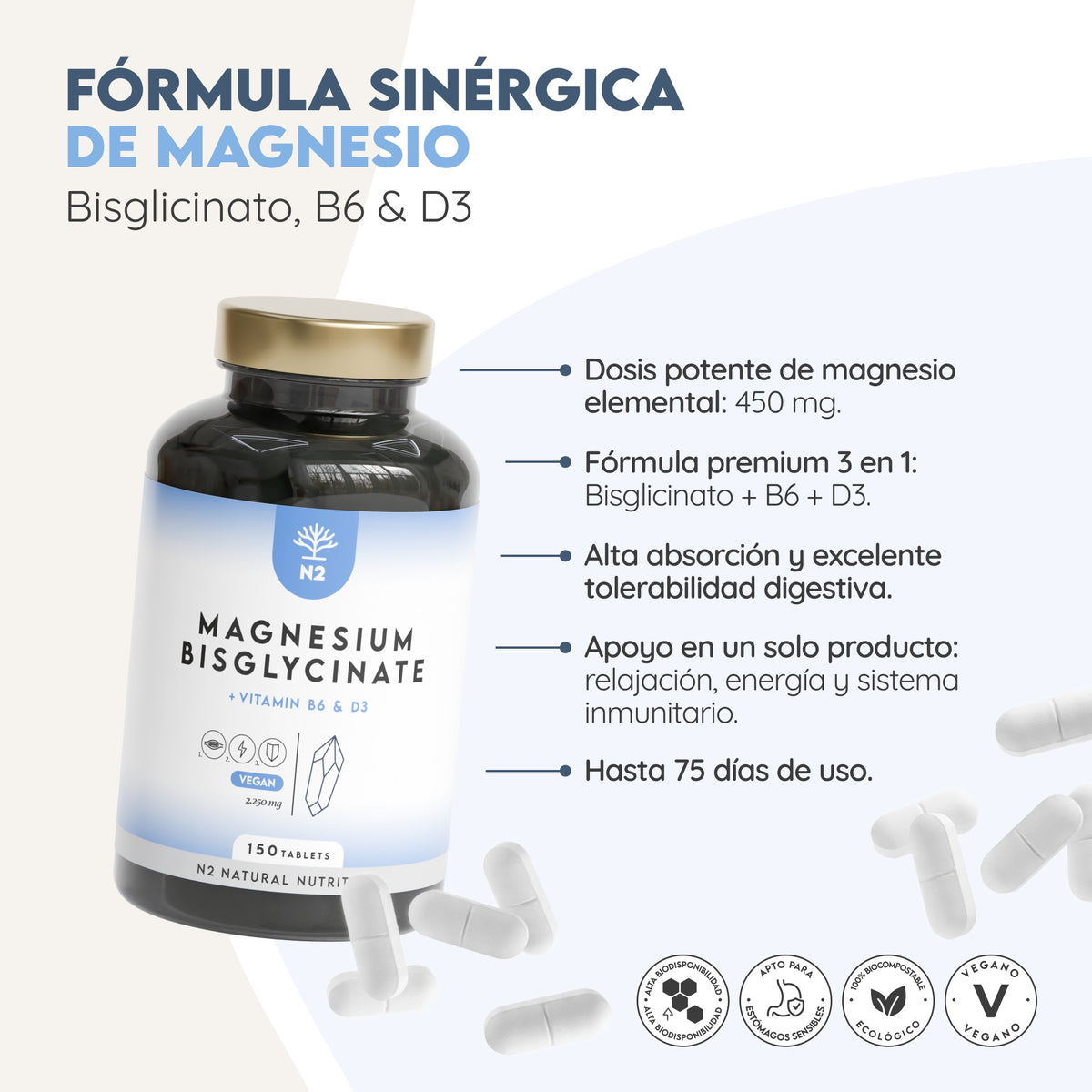Magnesio Bisglicinato + Vit. D3 + B6 75 días Relajación N2 Natural Nutrition 150 comprimidos