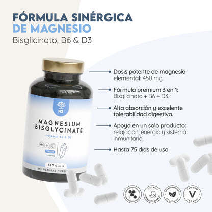 Magnesio Bisglicinato + Vit. D3 + B6 75 días Relajación N2 Natural Nutrition 150 comprimidos