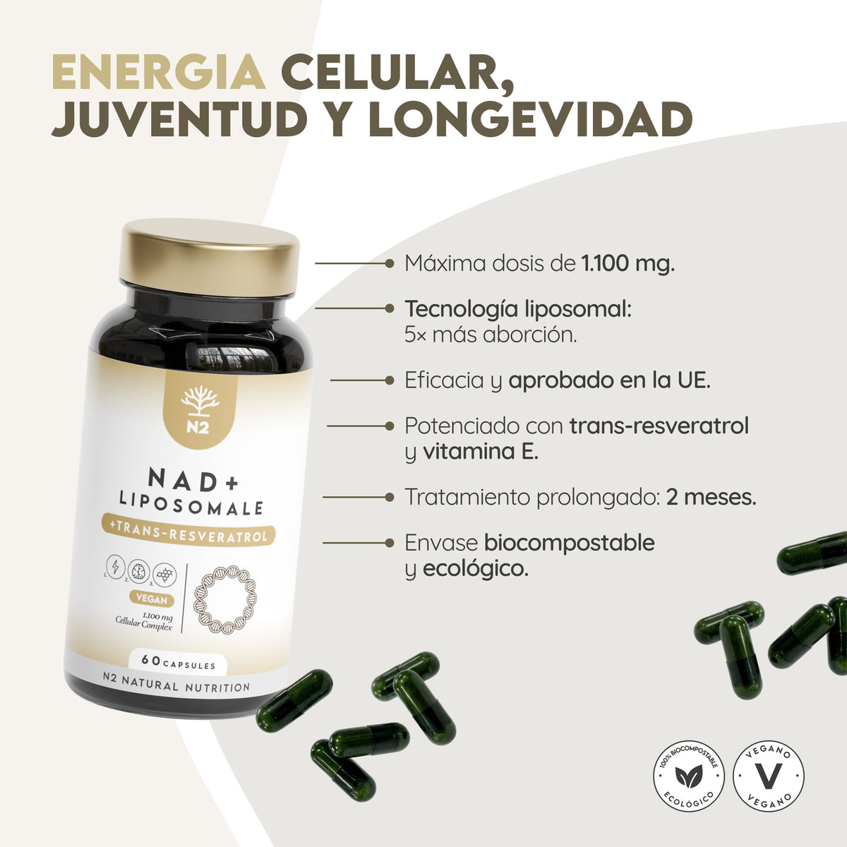 NAD+ Liposomal Antienvejecimiento 30 días Vitalidad N2 Natural Nutrition 60 cápsulas