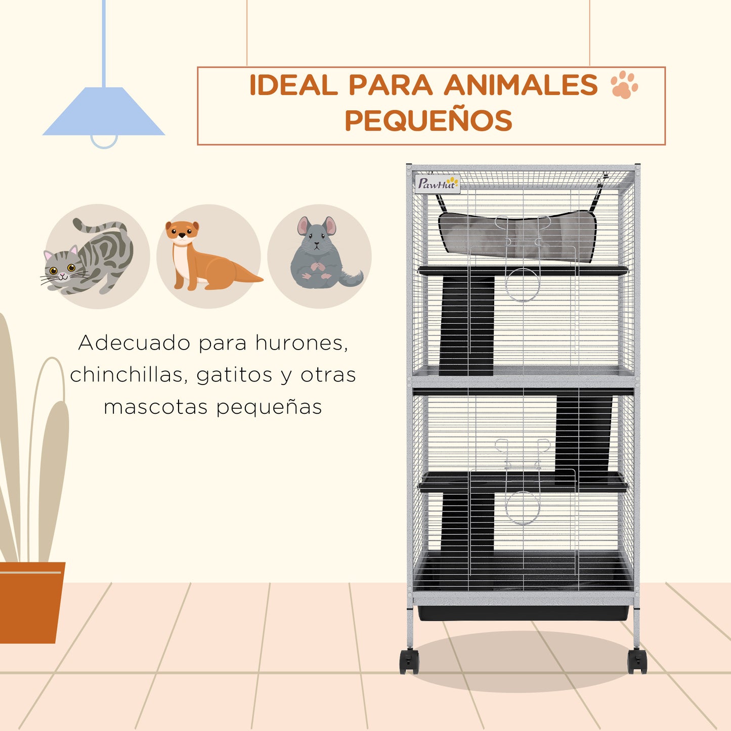 Pawhut Jaula Para Animales Pequeños De 4 Niveles Con Ruedas 52x52x113,5cm Gris_3