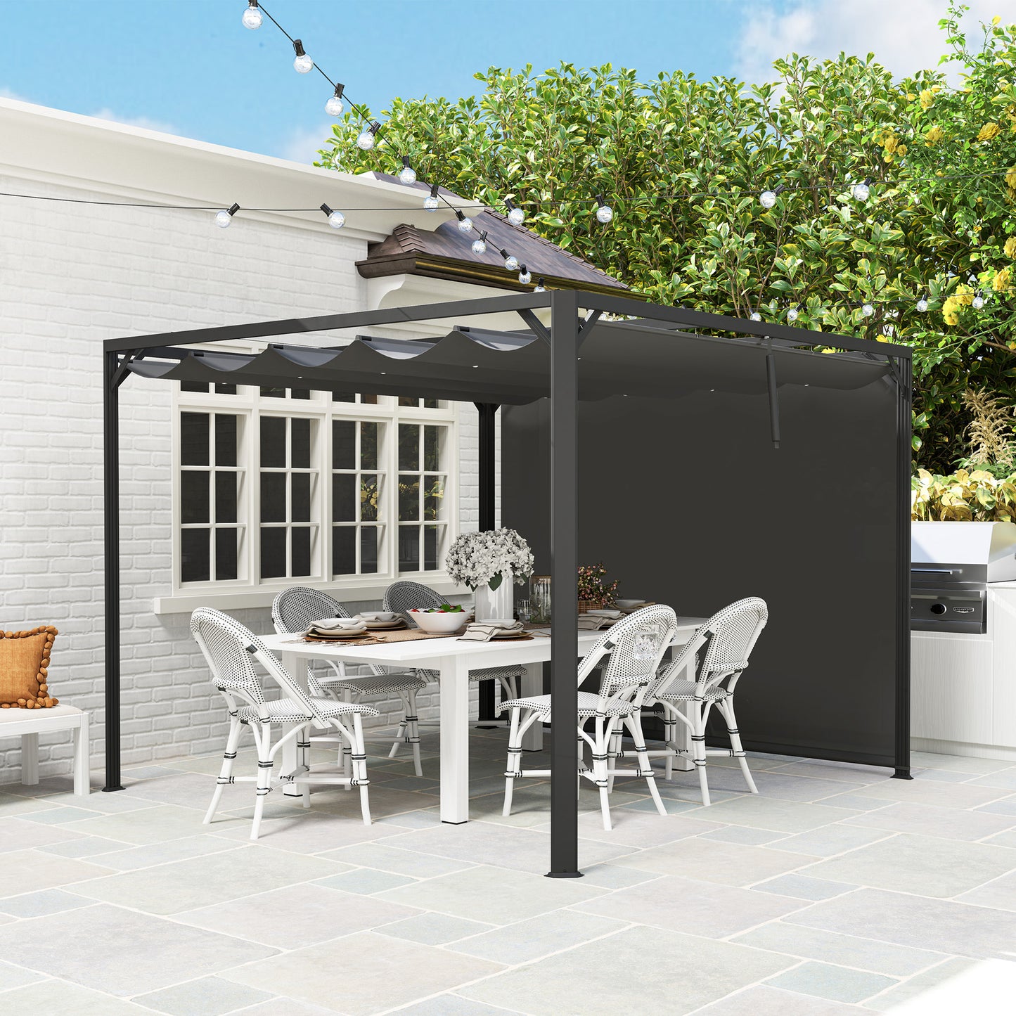 Outsunny Pérgola De Jardín 3x3 M Con Techo Retráctil Y Lateral Enrollable Gris_3