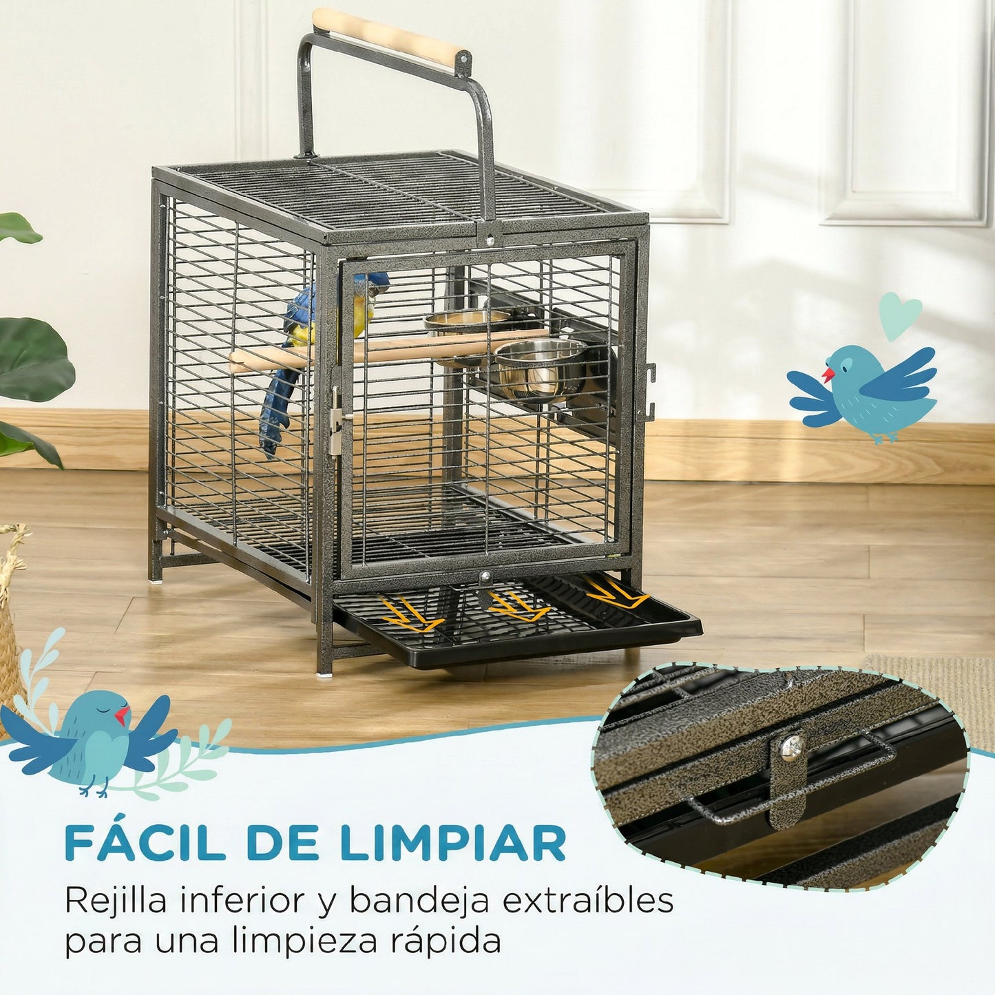 Pawhut Jaula Para Pájaros Con 2 Perchas 2 Comederos Y Bandeja 48x38x47,8 Cm Negro_3