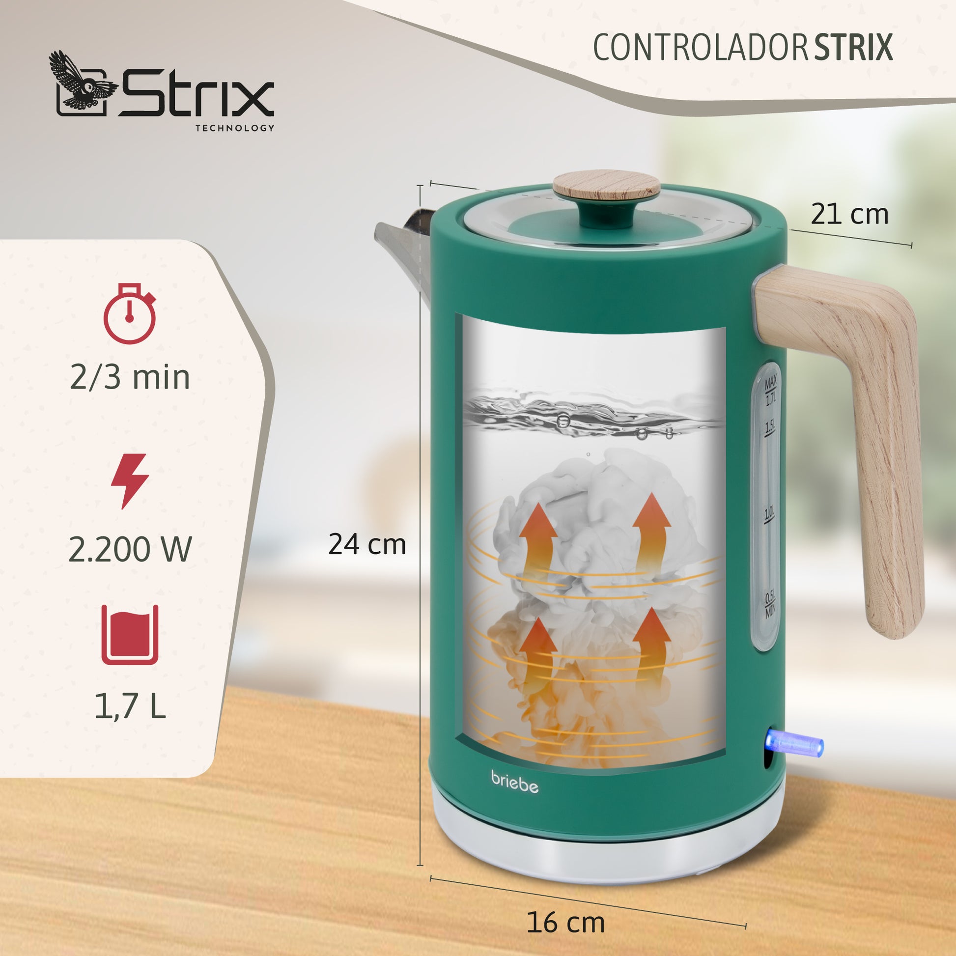 Briebe Nordic Set Tostadora Pan Ranura Ancha 2 Rebanadas + Hervidor Agua Eléctrico 1,7l Inalámbrico, Skt1167gre, Verde_3
