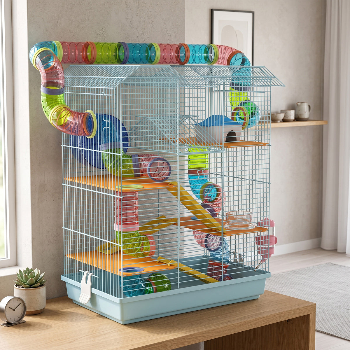 Pawhut Jaula Para Hámster Con Tubos Casita Rueda Plataformas 47x30x59 Cm Azul_1