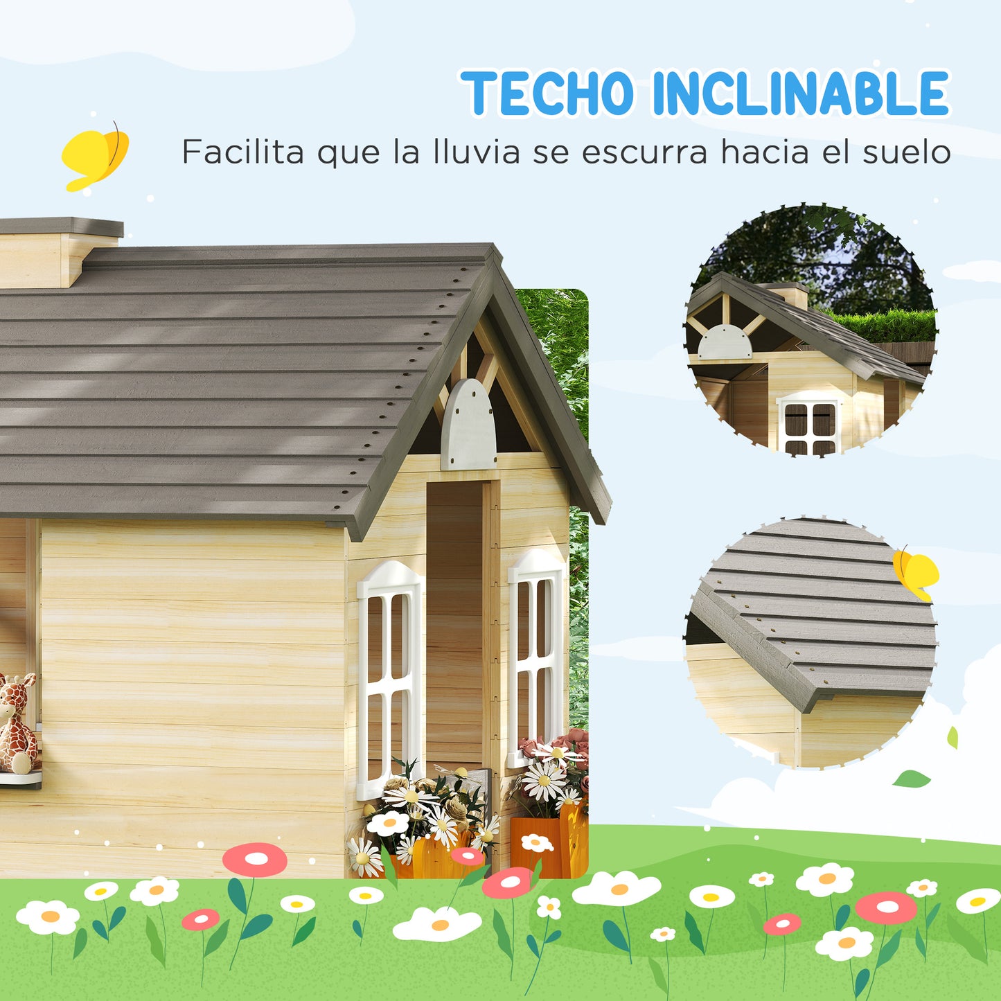 Outsunny Casa De Jardín Infantil De Madera Con Ventanas 113x94x134,5 Cm Natural_5
