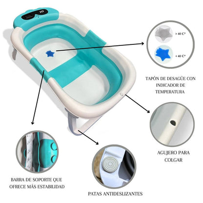 Bathby Bañera Plegable Para Bebés Recién Nacidos, Cojín Dinosaurio, Termómetro, Patas Antideslizantes (azul Dinosaurio)