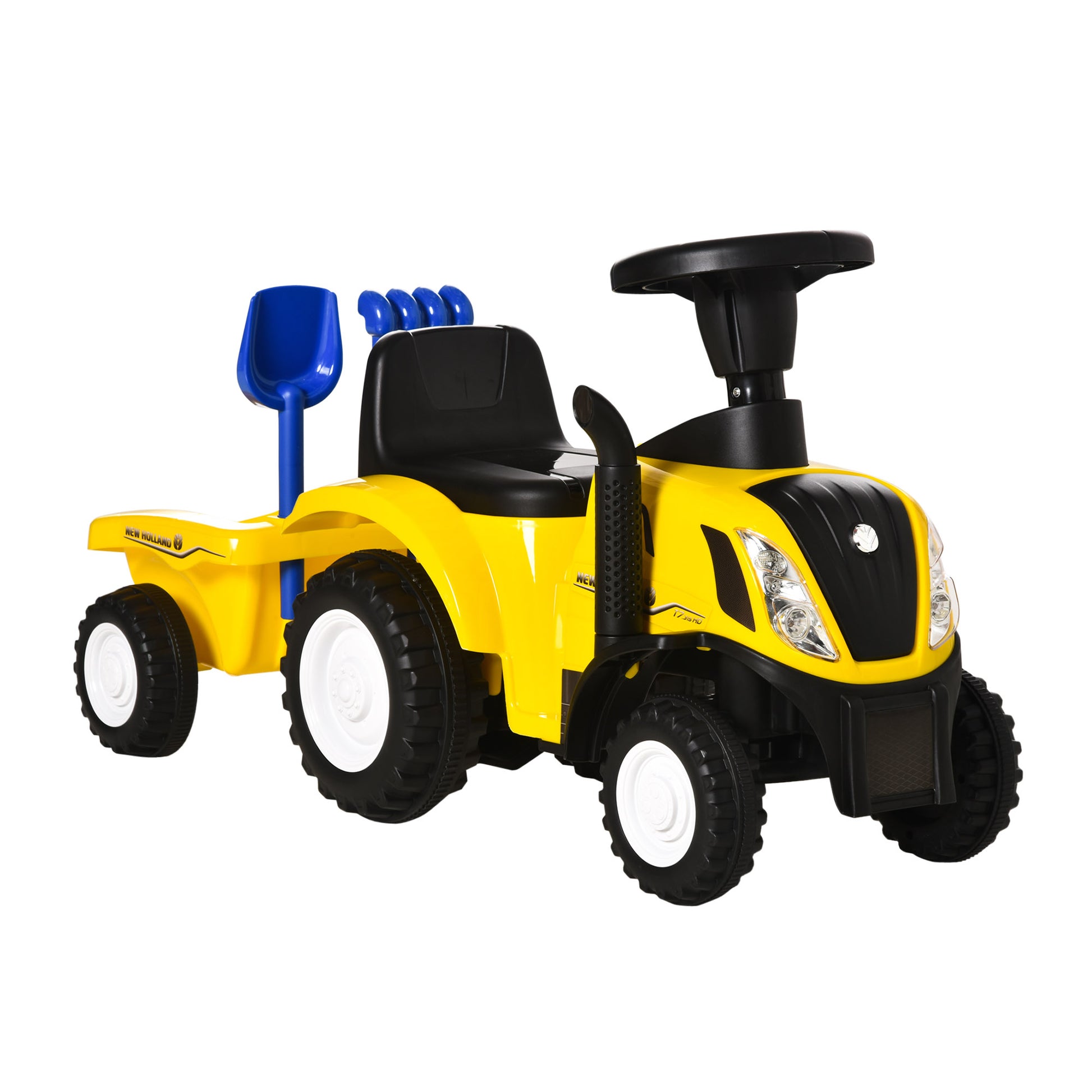 Homcom Tractor Con Remolque Para Niños 12-36 Meses Con Faros Pala Y Rastrillo_0