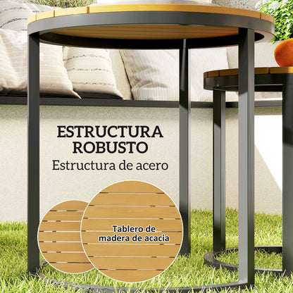 Outsunny Juego De 2 Mesas De Jardín Con Encimera De Madera Diseño Listones Teca_5