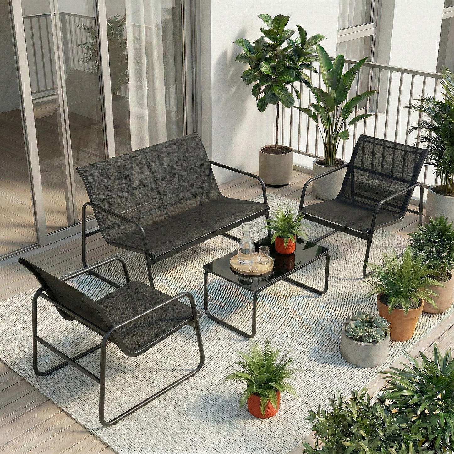 Outsunny Juego Jardín Exterior De 4 Piezas Tela Textilene Mesa De Vidrio Gris_4