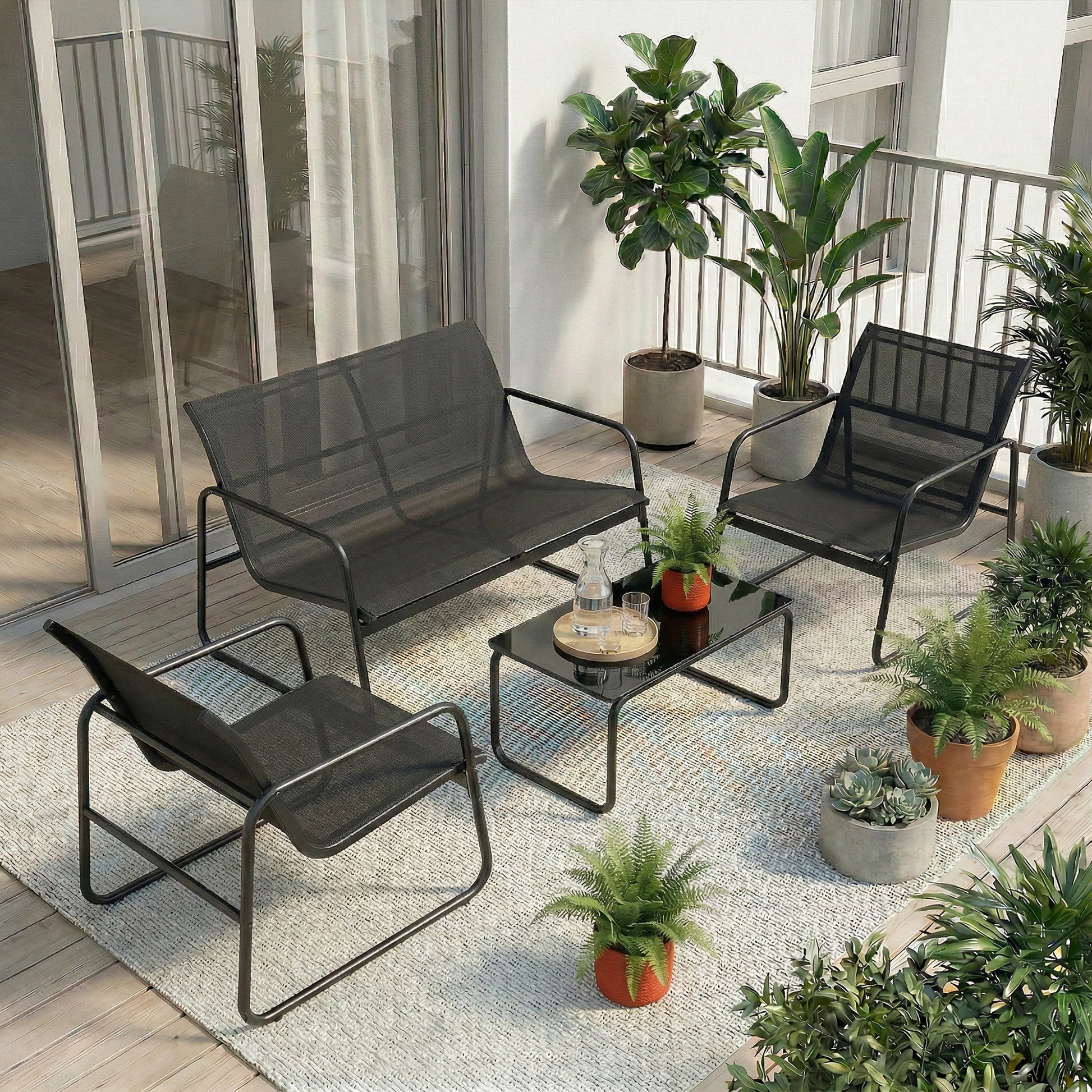 Outsunny Juego Jardín Exterior De 4 Piezas Tela Textilene Mesa De Vidrio Gris_4