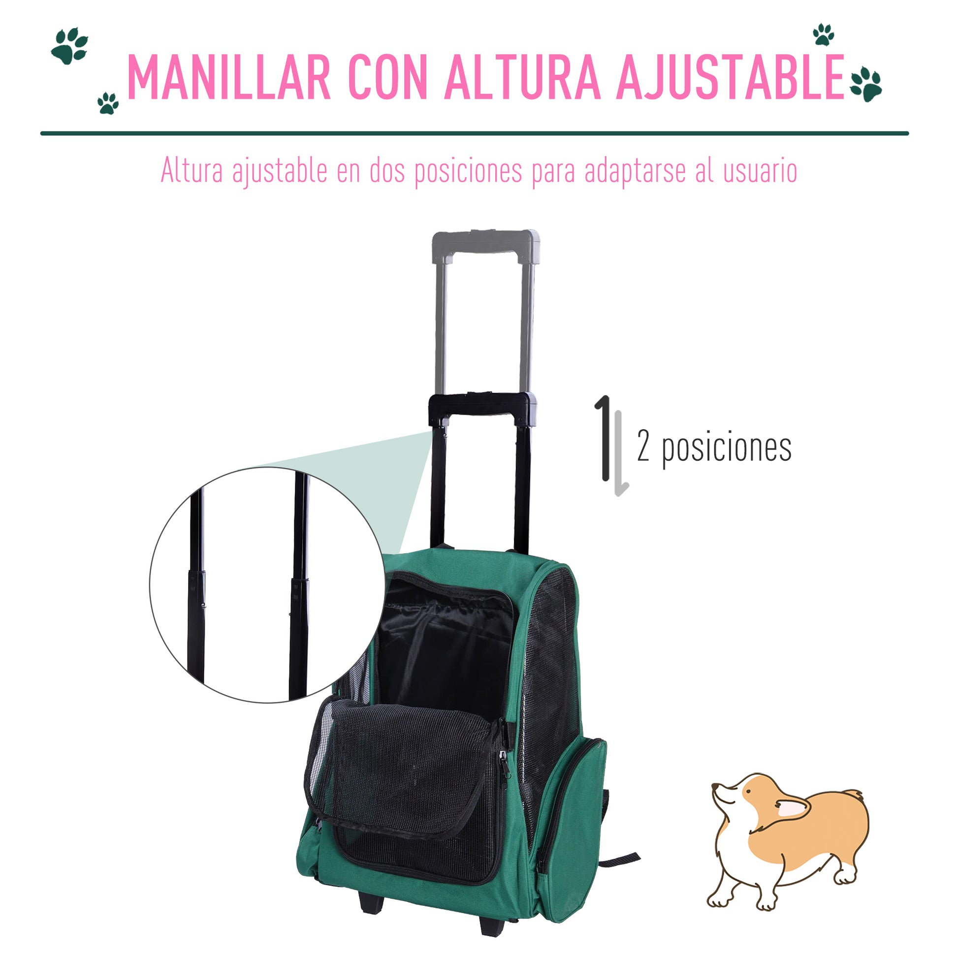 Pawhut Transportín 2 En 1 Para Mascotas Carrito Mochila Ruedas 42x25x55 Cm Verde_4