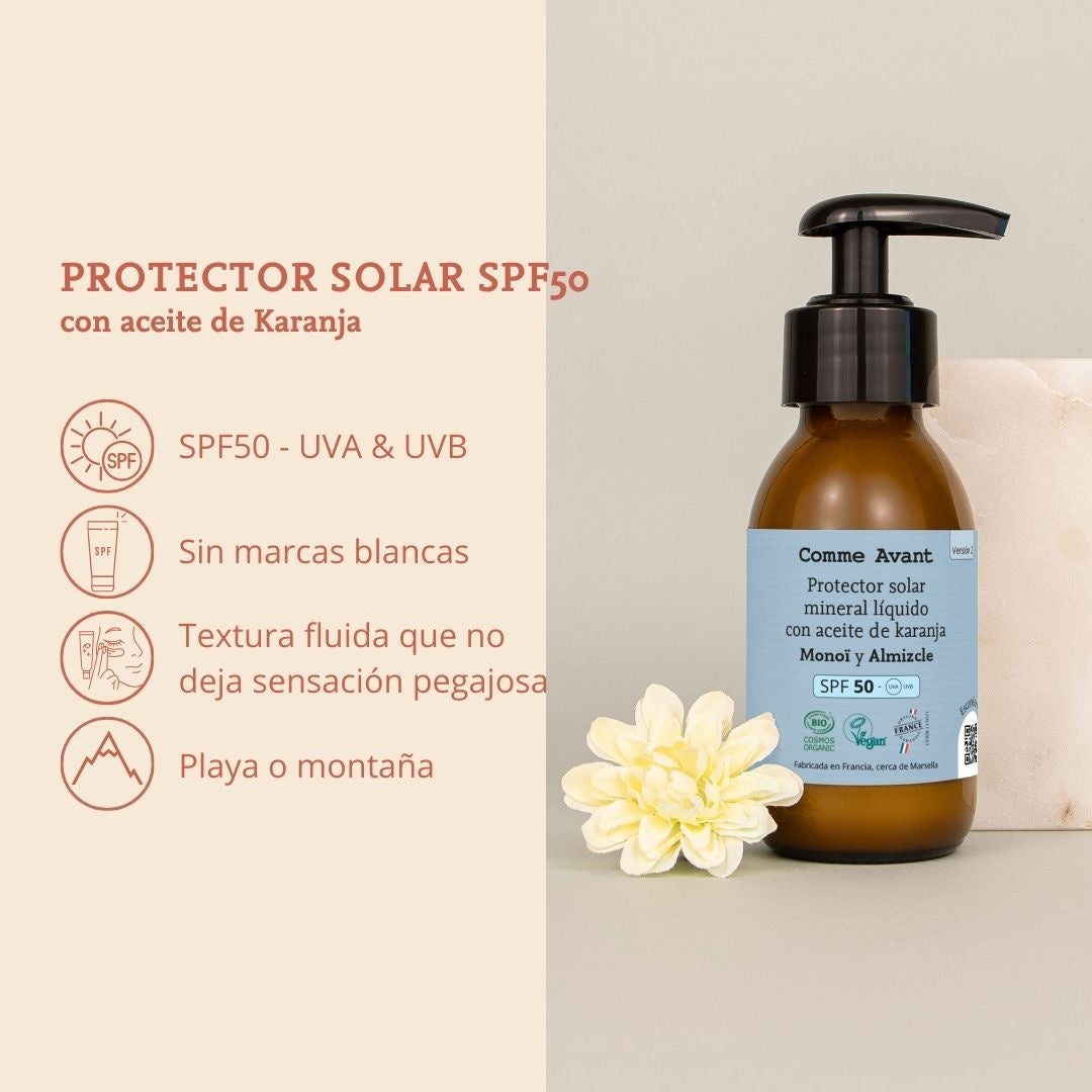 Protector solar mineral líquido SPF50 con aceite de karanja Vainilla Comme Avant 105 ml