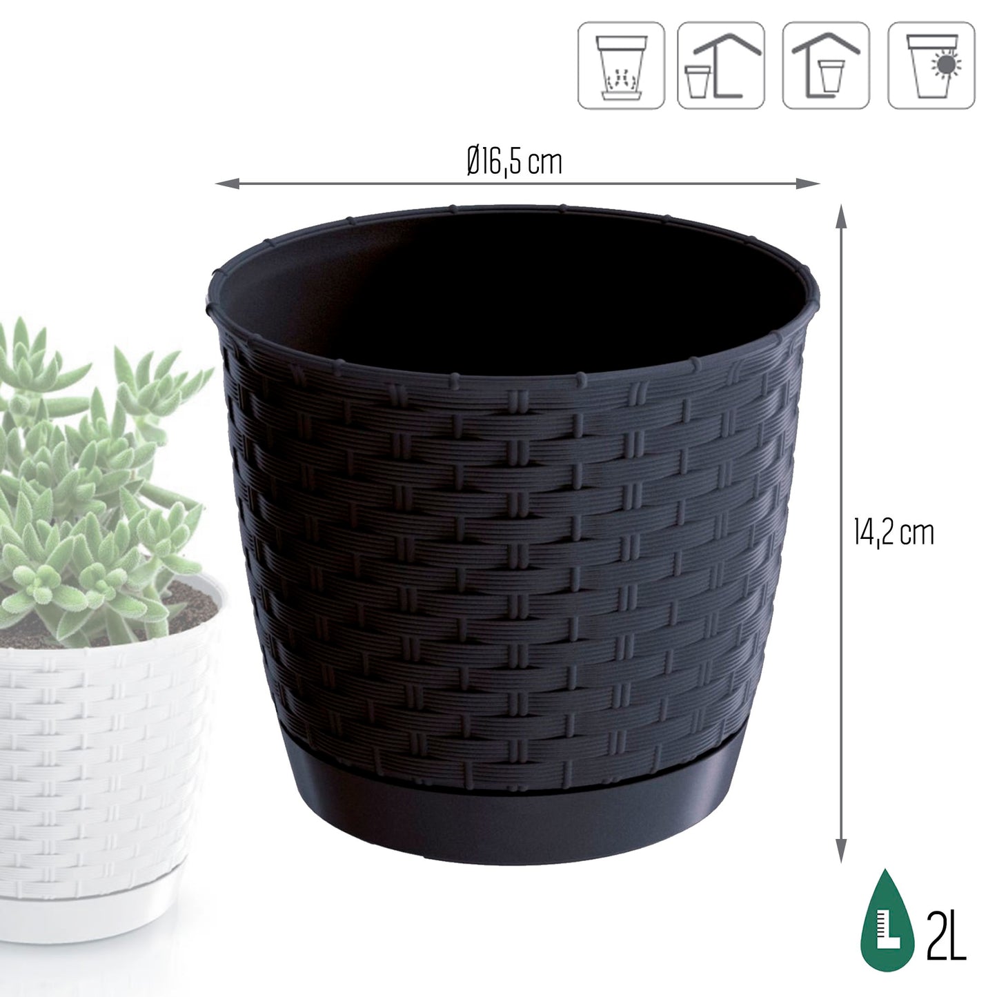 Maceta Ratolla Round 2l., Dimensiones (mm) 165x165x142, Color Antracita_2