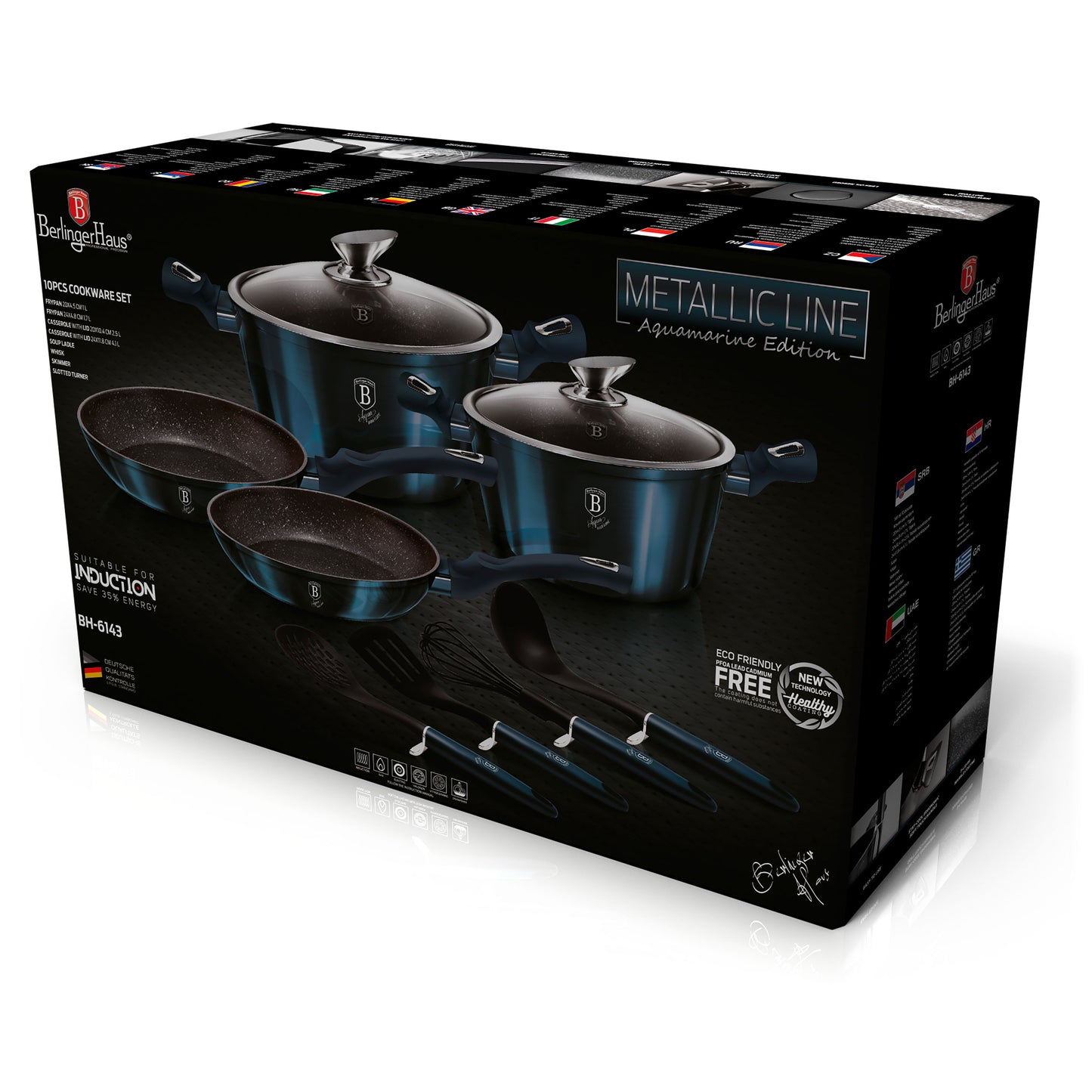 Batería Cocina Inducción 10 Piezas, Antiadherente Mármol Sin Pfoa, Aluminio, Cazuelas Sartenes Berlinger Haus Aquamarine Azul Marino