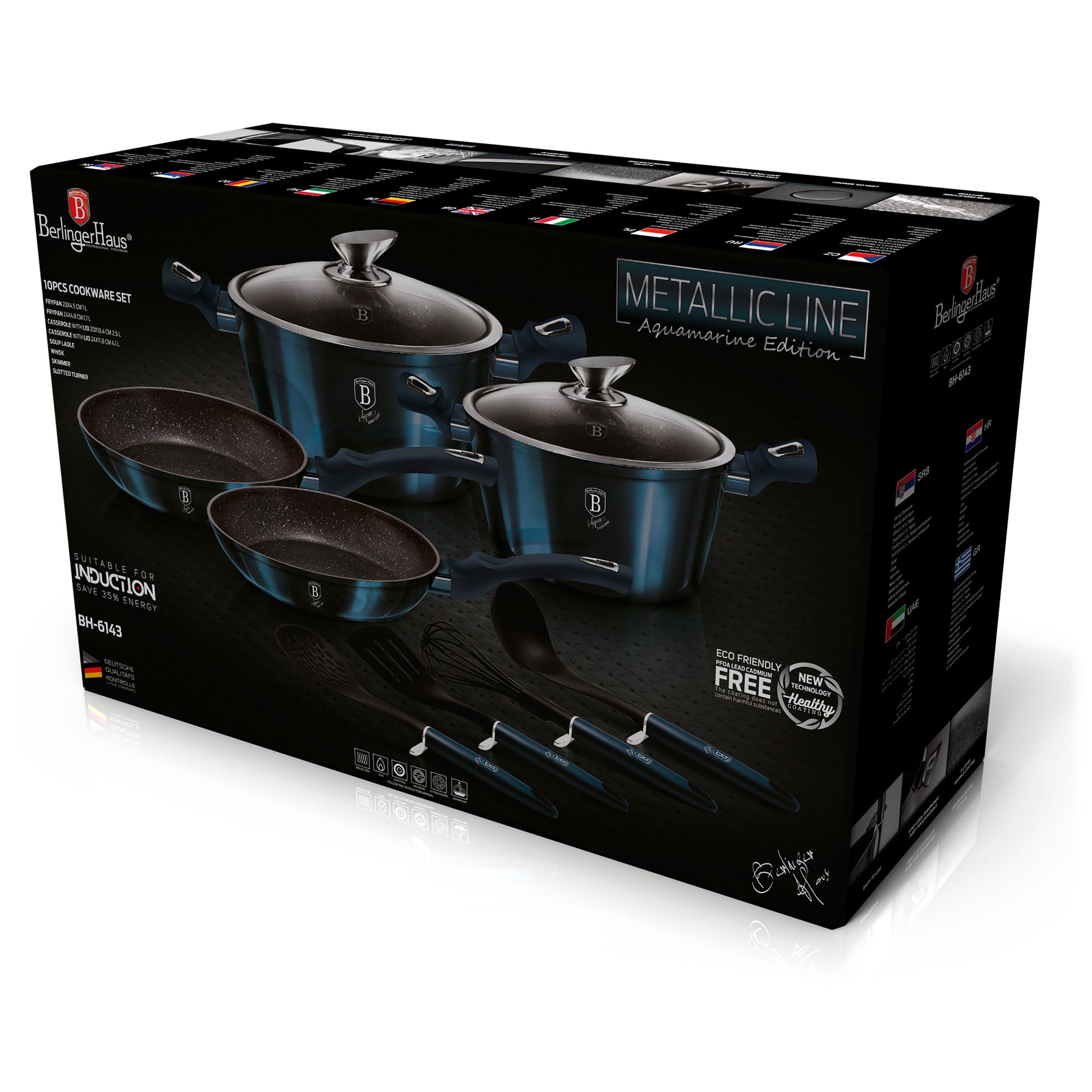 Batería Cocina Inducción 10 Piezas, Antiadherente Mármol Sin Pfoa, Aluminio, Cazuelas Sartenes Berlinger Haus Aquamarine Azul Marino