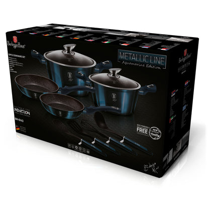 Batería Cocina Inducción 10 Piezas, Antiadherente Mármol Sin Pfoa, Aluminio, Cazuelas Sartenes Berlinger Haus Aquamarine Azul Marino