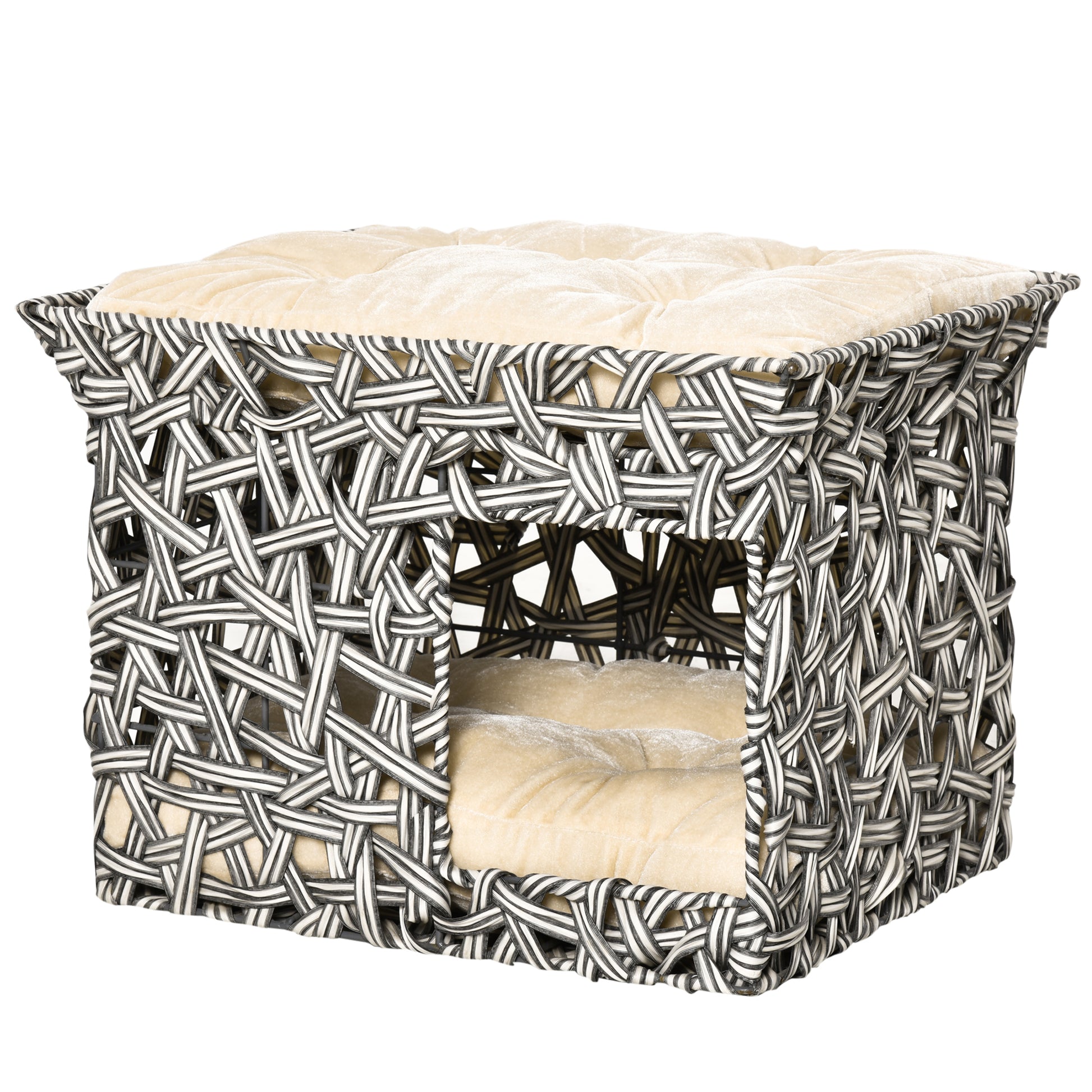 Pawhut Cesta De Ratán Para Gatos 2 Pisos Con 2 Cojines Estructura De Metal_0