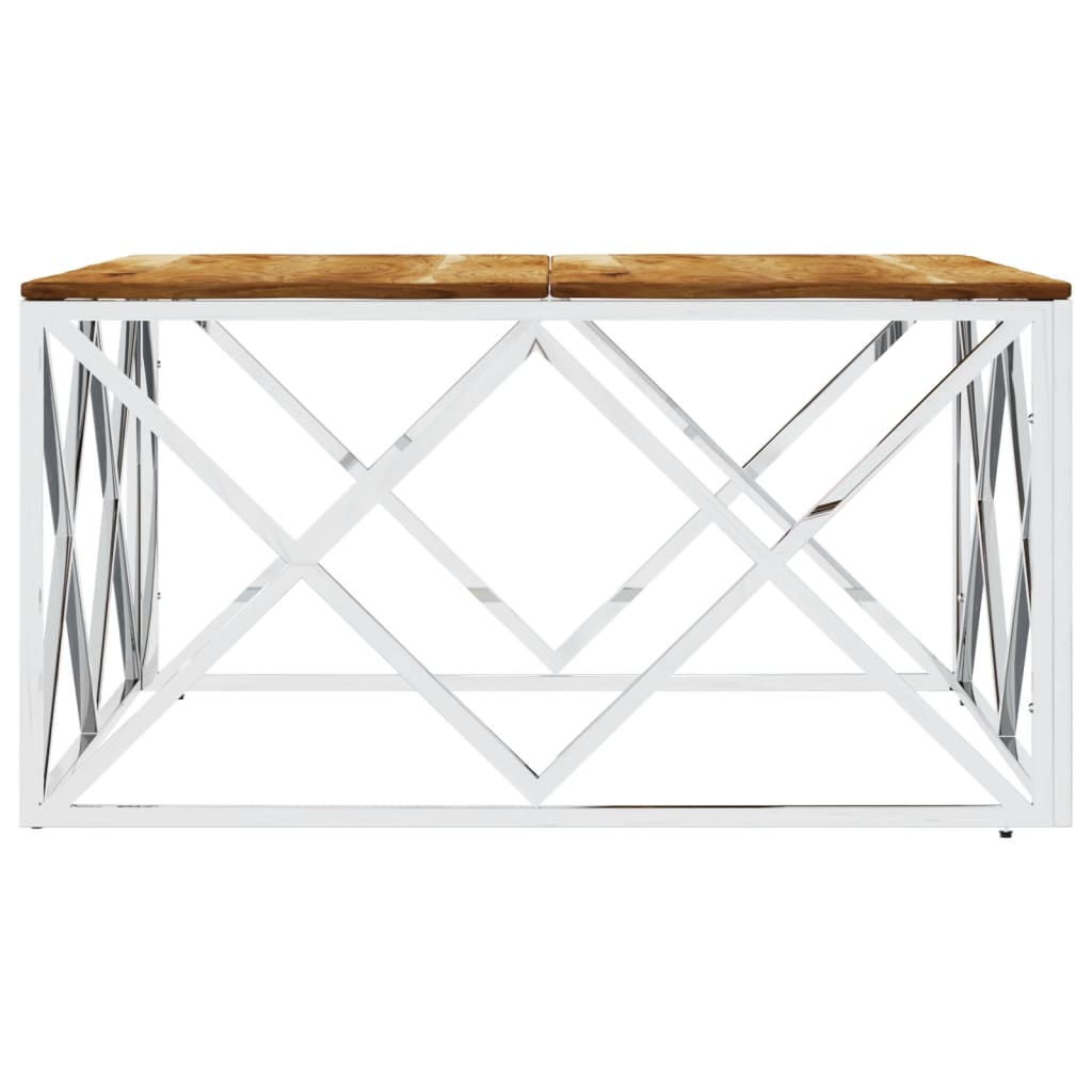 Mesa De Centro Acero Inoxidable Y Madera Maciza Acacia Plateado_2