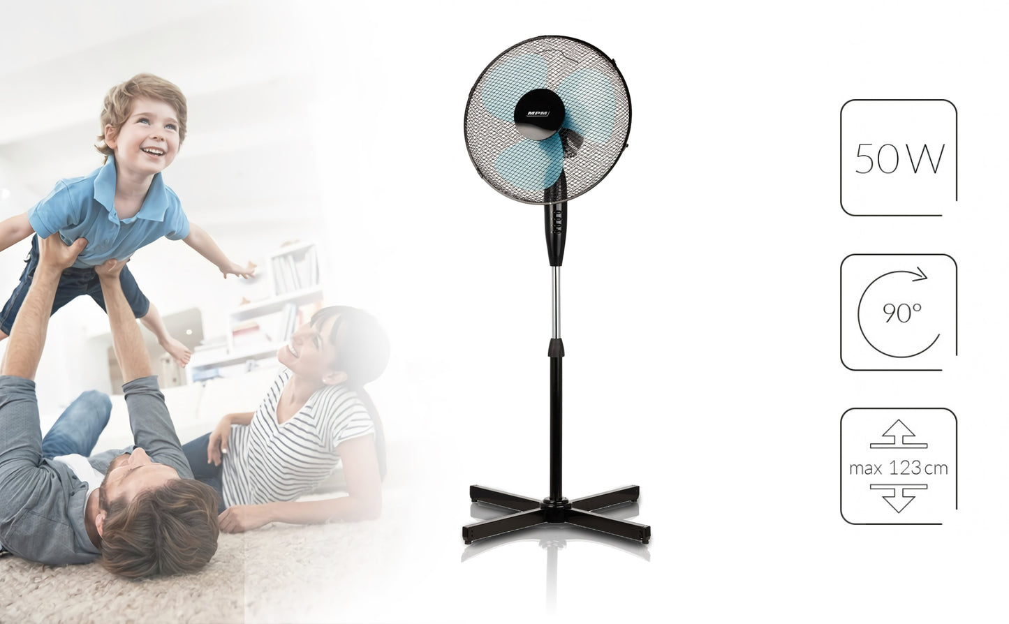 Ventilador Pie Oscilante 42 Cm, 3 Velocidades, Altura Ajustable, Función Bloqueo Oscilación, Silencioso Mpm Mwp-17, Negro