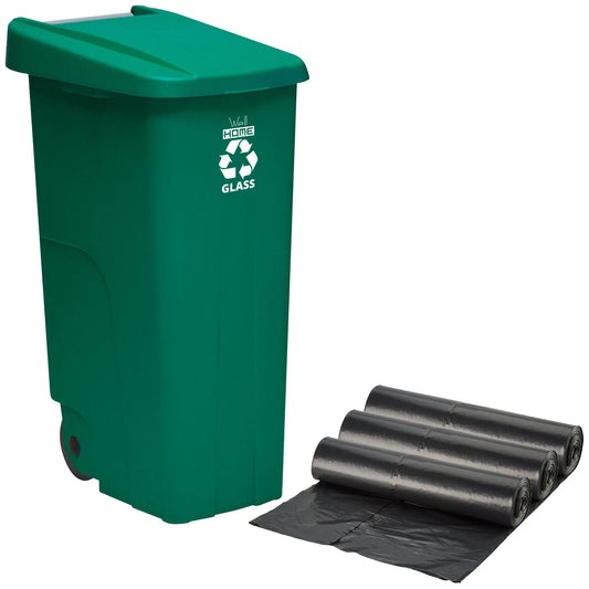 Contenedor Wellhome Reciclo 110 Litros, Cerrado Con Tapa, Ideal Para Reciclaje De Vidrio, Con Ruedas + 3x Bolsas De Basura De 10 Unidades_0