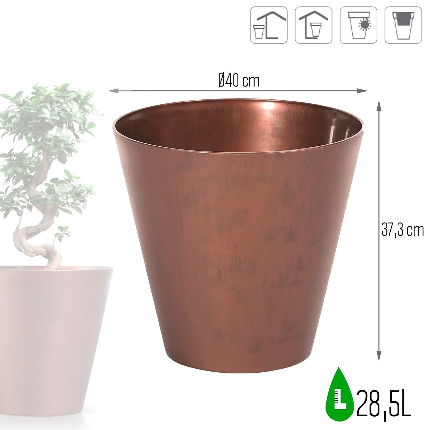 Maceta Tubus Corten 28,5l., Dimensiones (mm) 400x400x373, Color Cobre_2