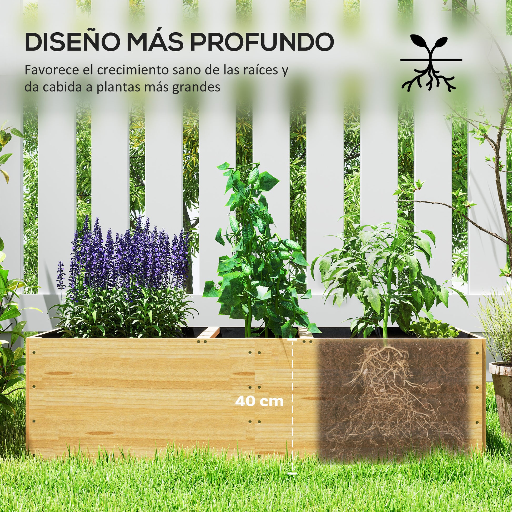 Outsunny Jardinera De Madera Con 3 Zonas De Cultivo 140x60x40 Cm Natural_4