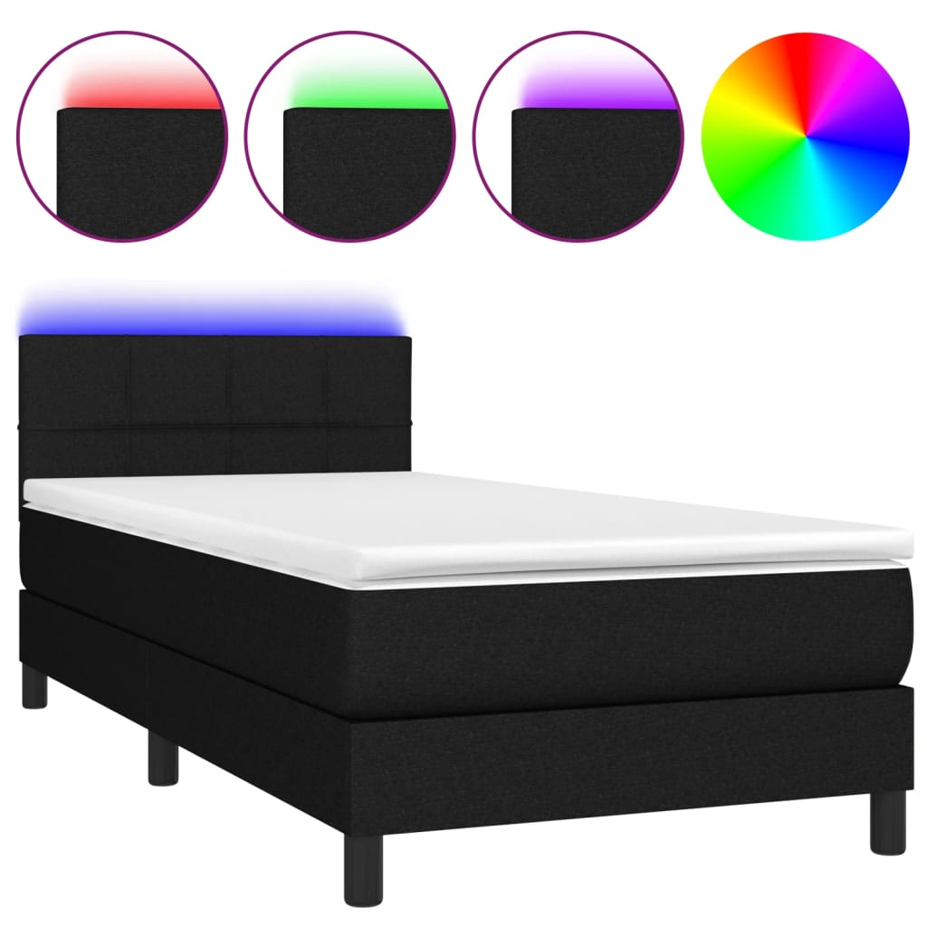 Cama Box Spring Colchón Y Luces Led Tela Negro 90x190 Cm / Vetonek_4