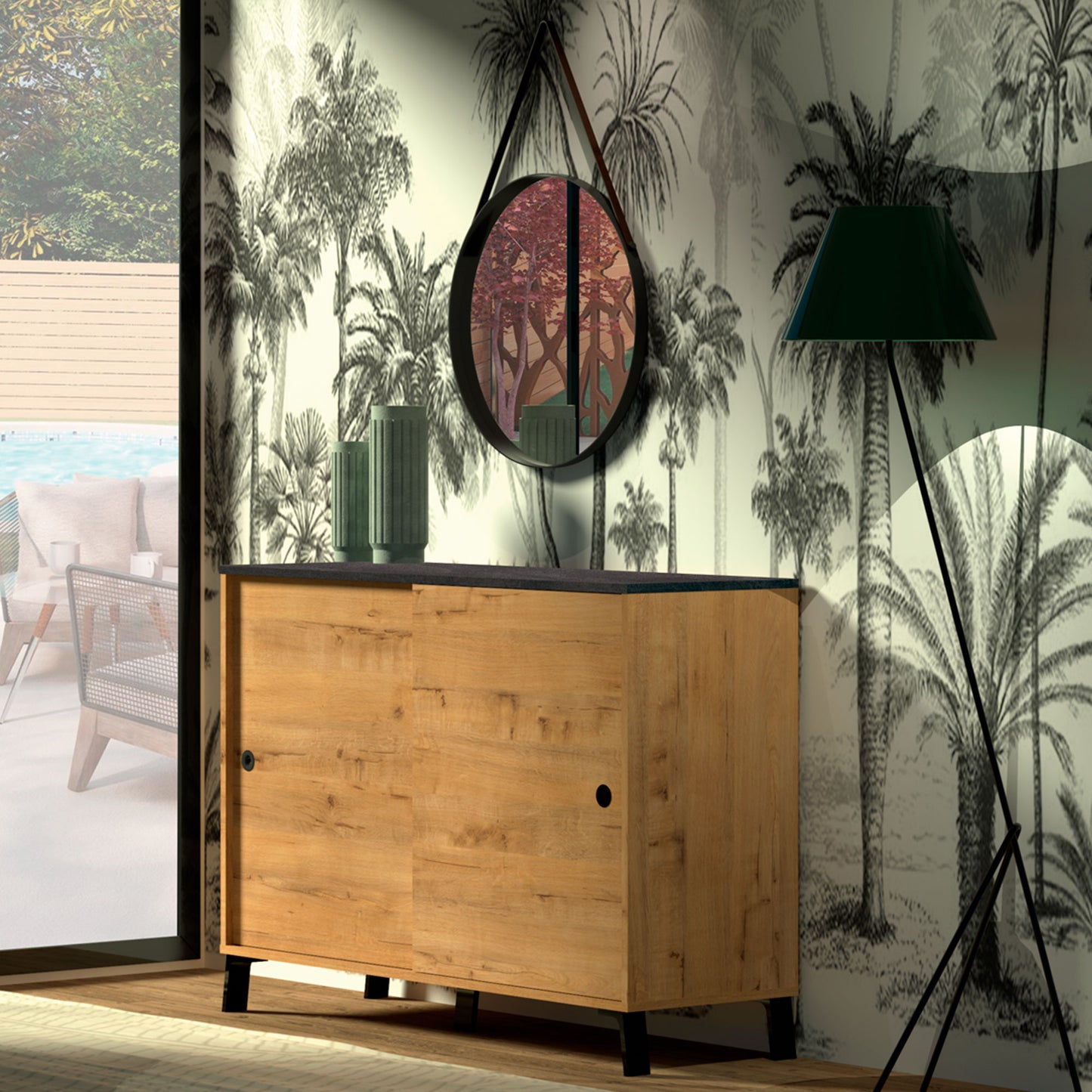 Aparador, Mueble Salón Auxiliar, Buffet, 2 Puertas Correderas 87x120x40 Cm Recibidor Moderno, Briebe, Lys, Madera