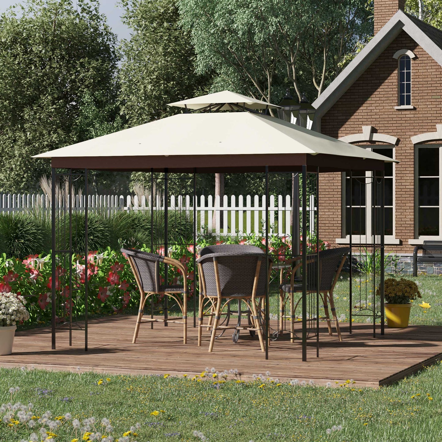 Outsunny Cenador De Jardín 3x3 M Con Doble Techo Marco Acero Al Aire Libre Beige_1