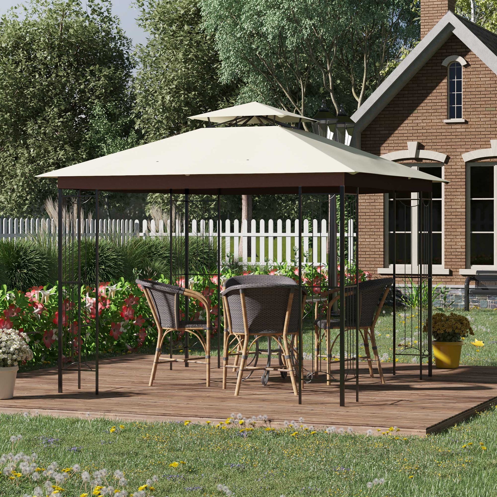 Outsunny Cenador De Jardín 3x3 M Con Doble Techo Marco Acero Al Aire Libre Beige_1