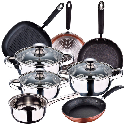 Batería de Cocina San Ignacio Faro 7 Pzas Acero Inox con Sartenes y Grill de Aluminio Forjado_0