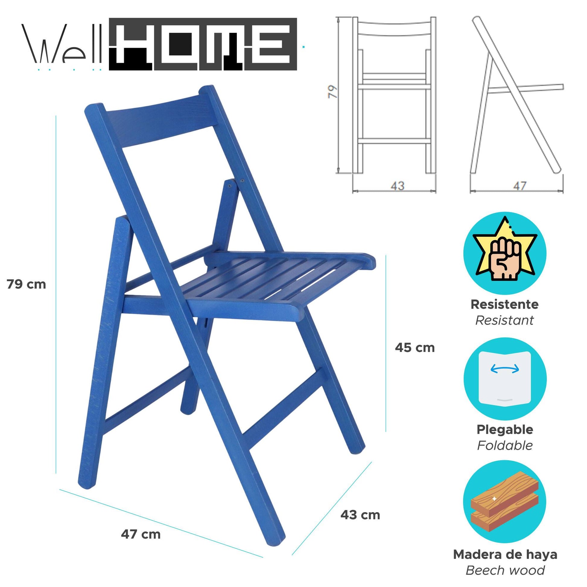 Well Home Mobiliario & Decoración - Pack 4 Sillas Bas En Madera De Haya, Acabado Azul