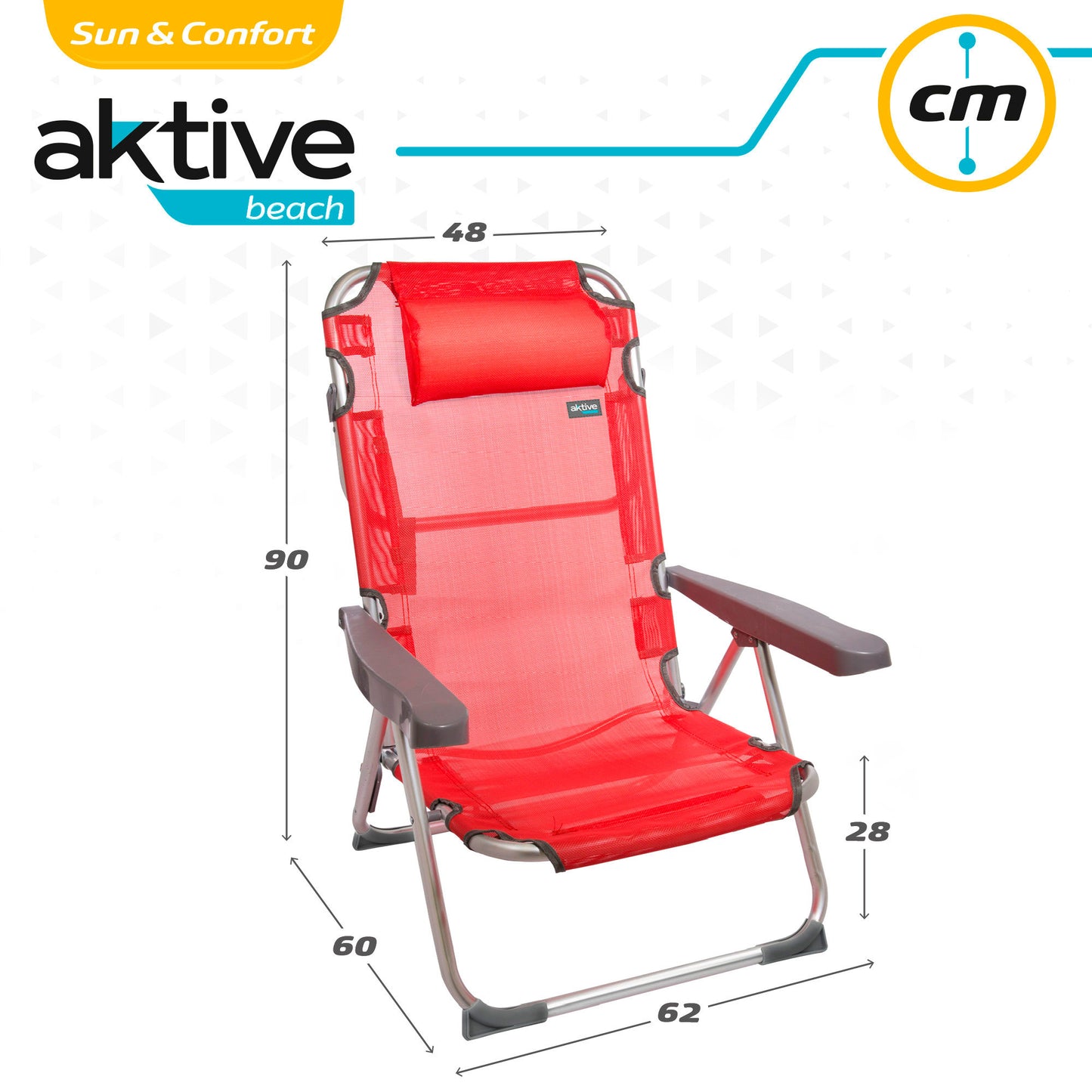 Aktive Pack 2 Sillas Playa 48x60x90 Cm Rojo Multiposición Con Cojín_5