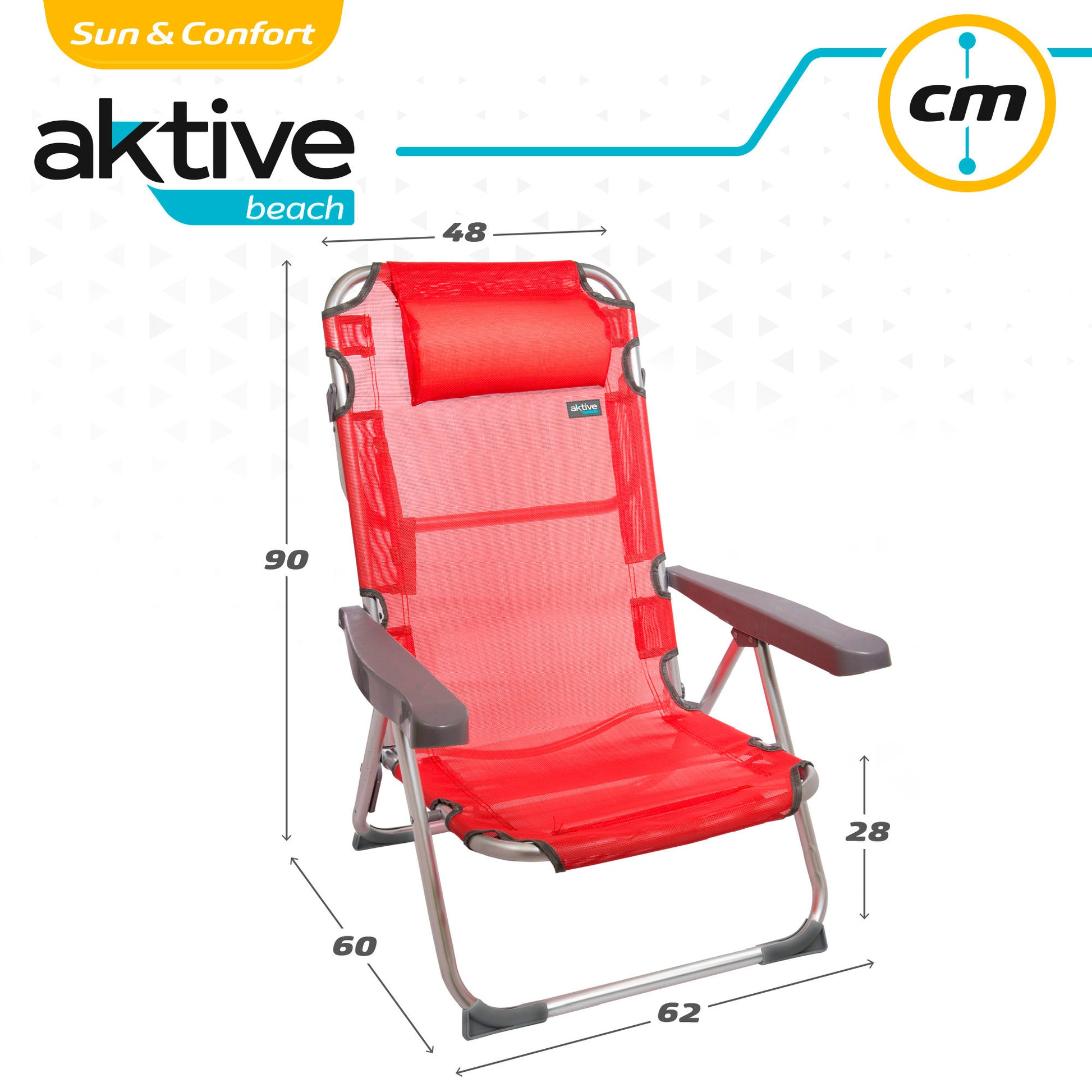Aktive Pack 2 Sillas Playa 48x60x90 Cm Rojo Multiposición Con Cojín_5