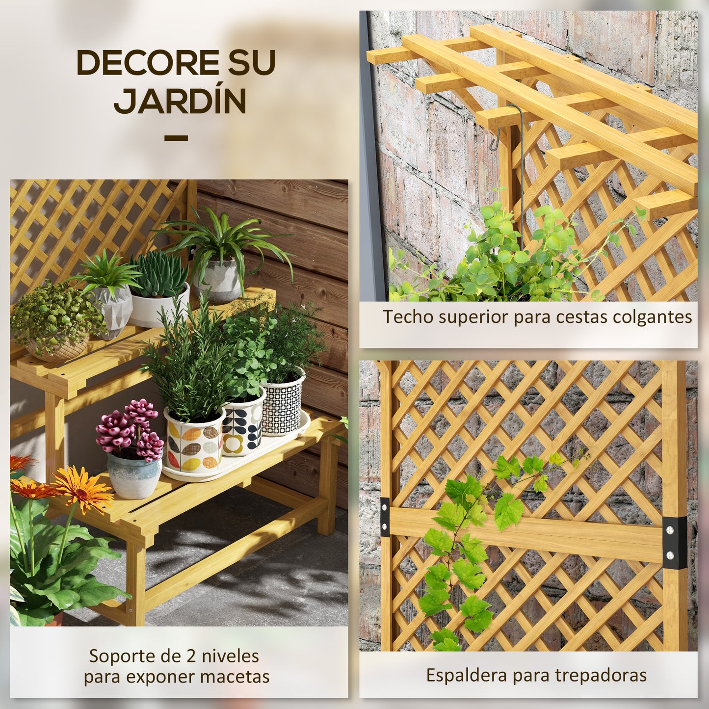 Outsunny Estantería Para Plantas De Madera Con Enrejado 75x50x166 Cm Natural_3