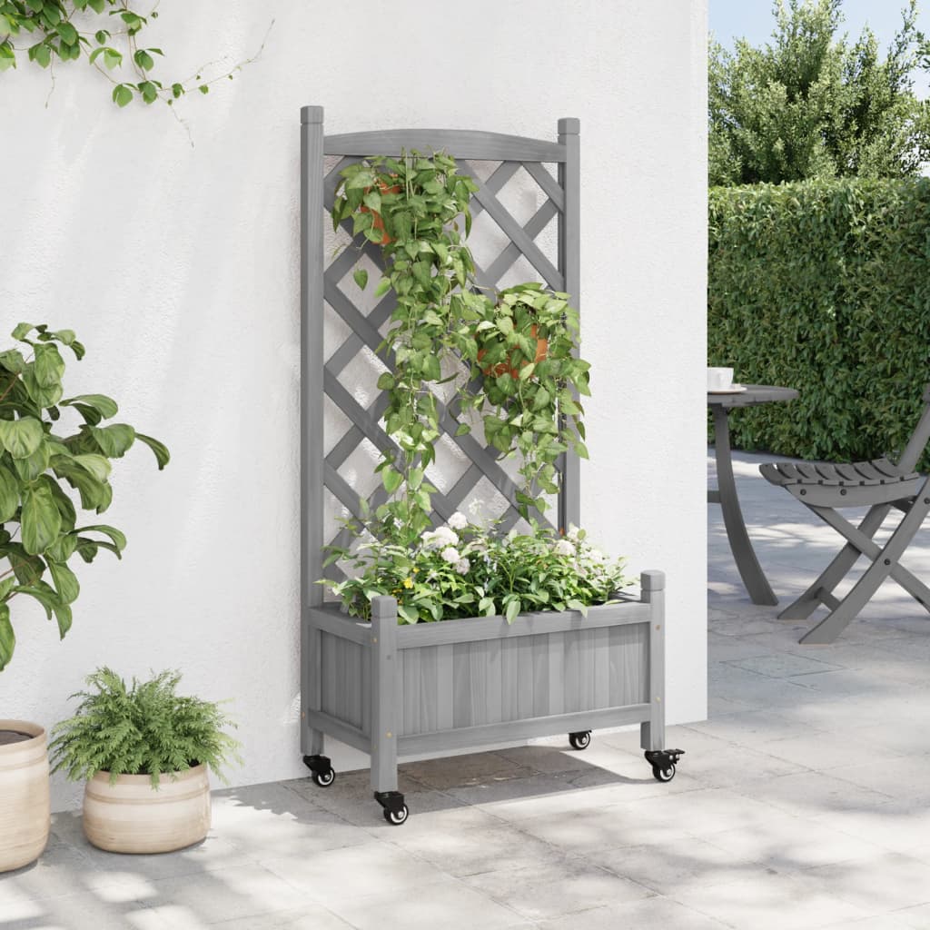 Jardinera Con Enrejado Y Ruedas Madera Maciza De Abeto Gris_2
