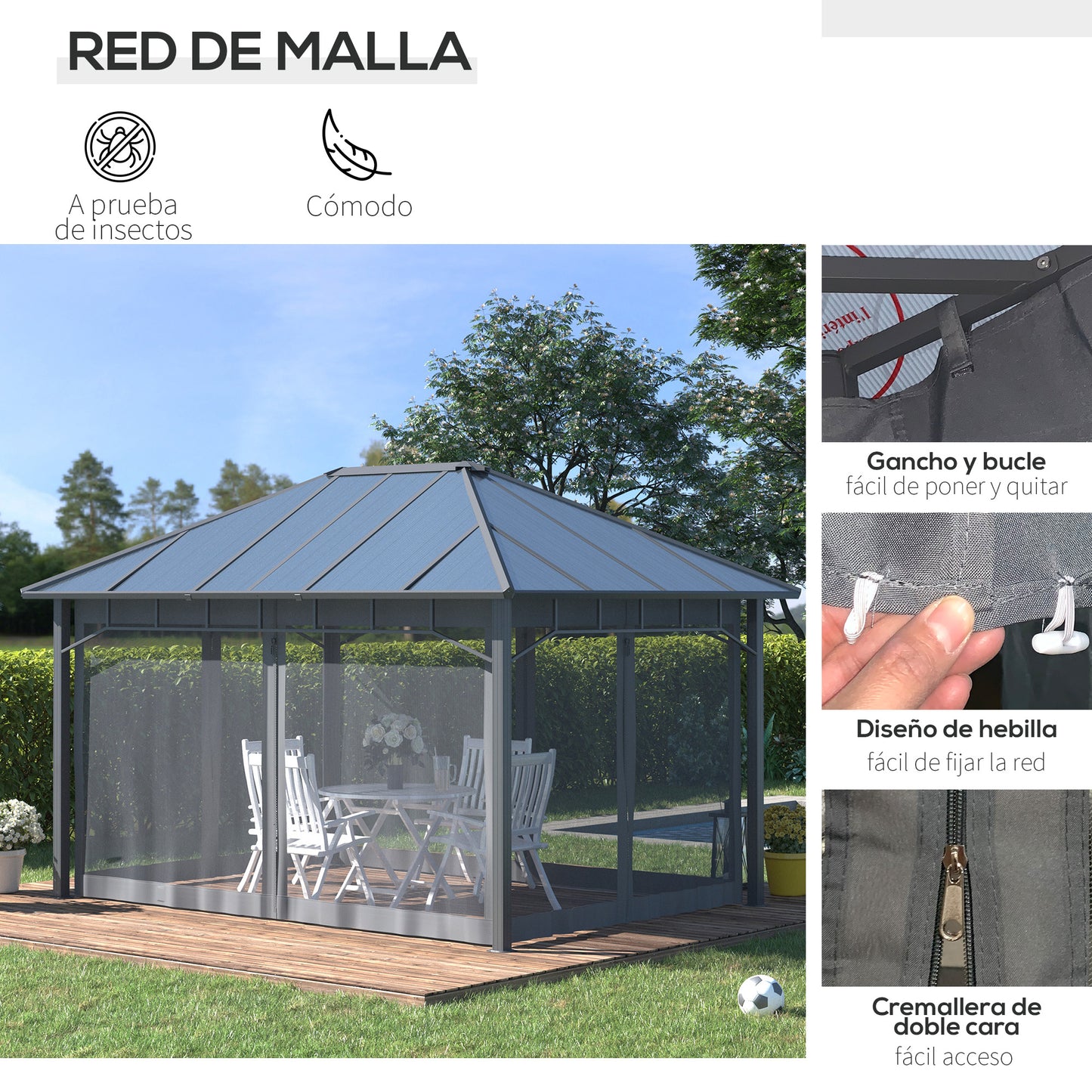 Outsunny Cenador De Jardín 4x3 M Con Techo De Policarbonato Y 4 Mosquiteras Gris_5