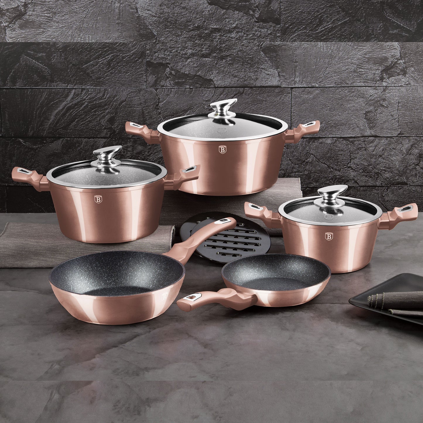 Batería Cocina Inducción 10 Piezas, Antiadherente Mármol Sin Pfoa, Aluminio, Cazuelas Sartenes Berlinger Haus Rose Gold Oro Rosado