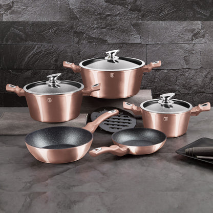 Batería Cocina Inducción 10 Piezas, Antiadherente Mármol Sin Pfoa, Aluminio, Cazuelas Sartenes Berlinger Haus Rose Gold Oro Rosado