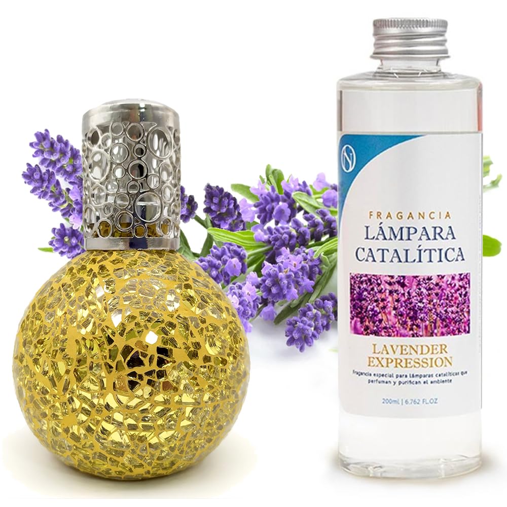 Lámpara Catalítica Mosaico Dorado + Aroma Lavender Expression 200 Ml - Elimina Malos Olores, Impurezas Y Perfuma_0