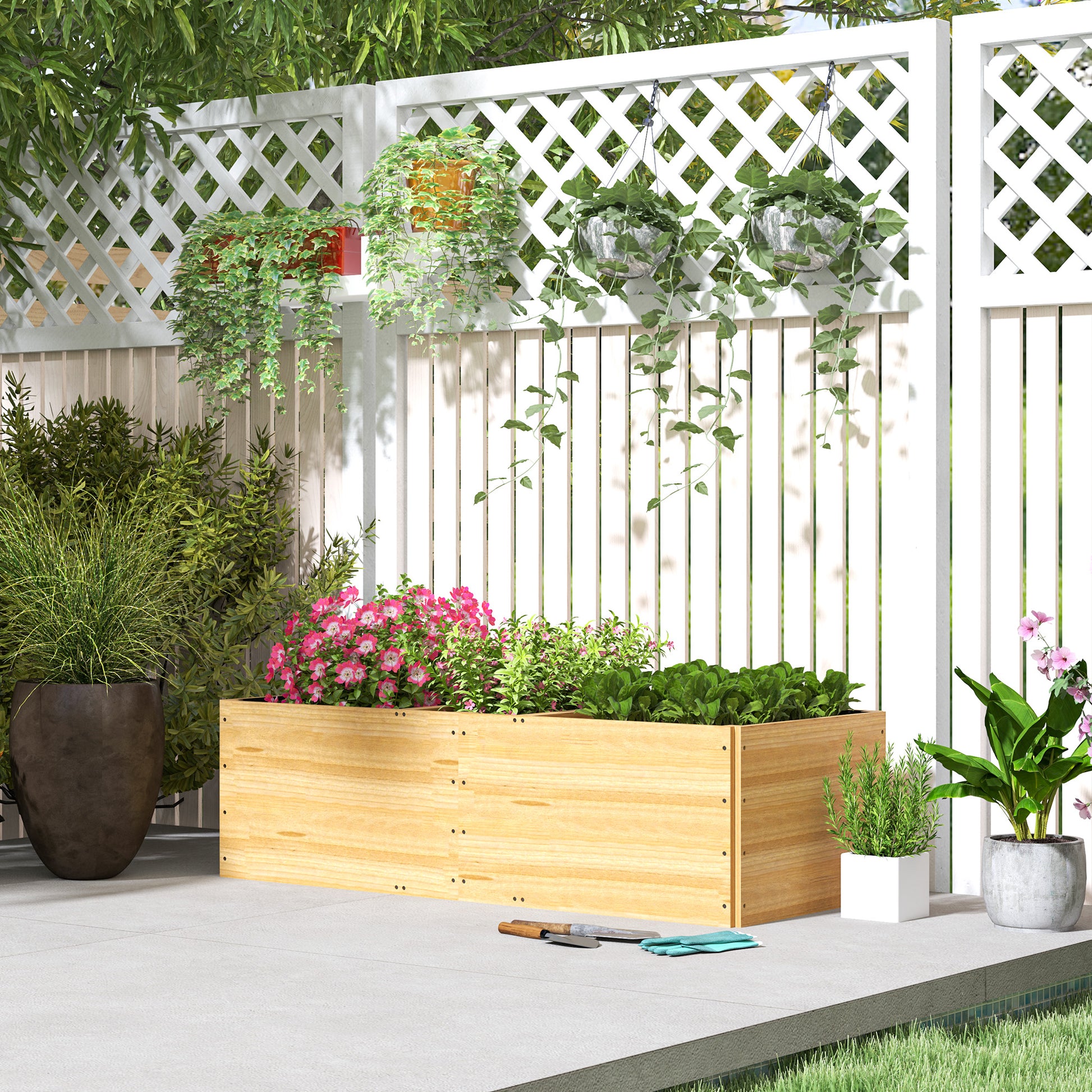 Outsunny Jardinera De Madera Con 3 Zonas De Cultivo 140x60x40 Cm Natural_1