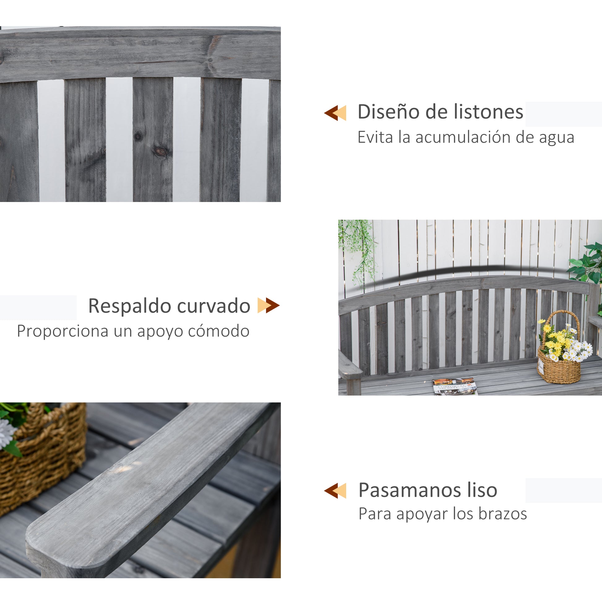 Outsunny Banco De Jardín De 2 Plazas Madera Con Reposabrazos Carga 320 kg Gris_5