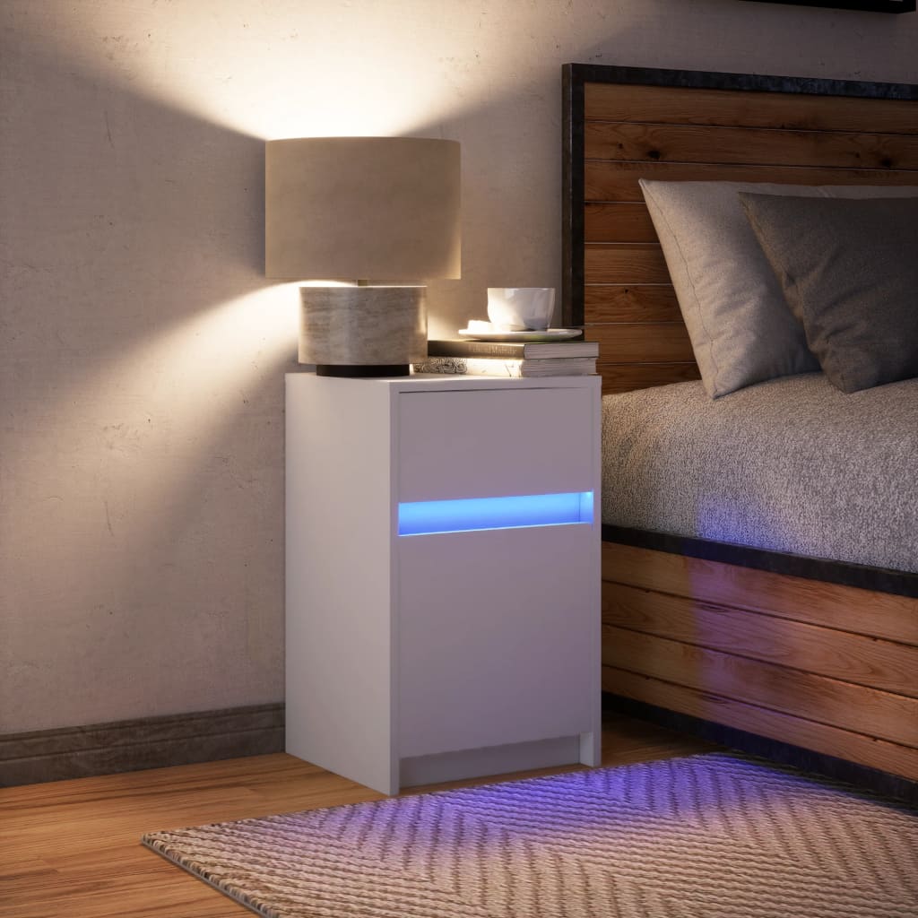 Mesita De Noche Con Luces Led Madera De Ingeniería Blanca_2