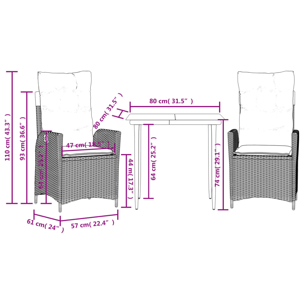 Set Comedor De Jardín 3 Pzas Cojines Ratán Sintético Gris Claro / Vetonek