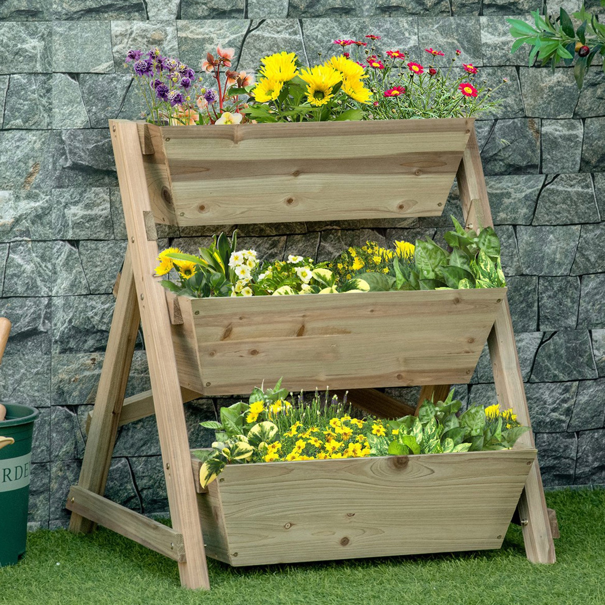 Outsunny Jardinera De Escalera 3 Pisos De Madera Con Tela No Tejida 71x61x77 Cm_1