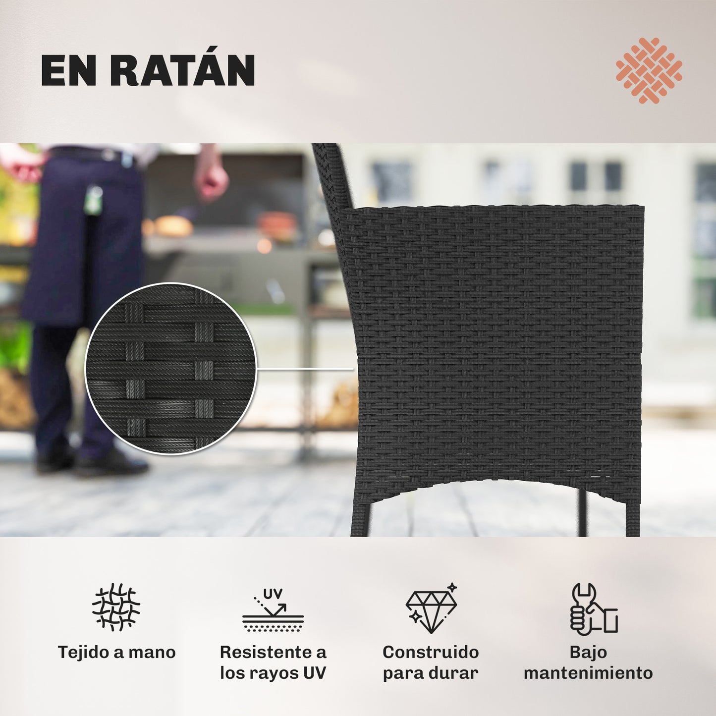 Outsunny Conjunto Jardín Exterior De Ratán Sintético Con Cojines Negro Y Crema_4