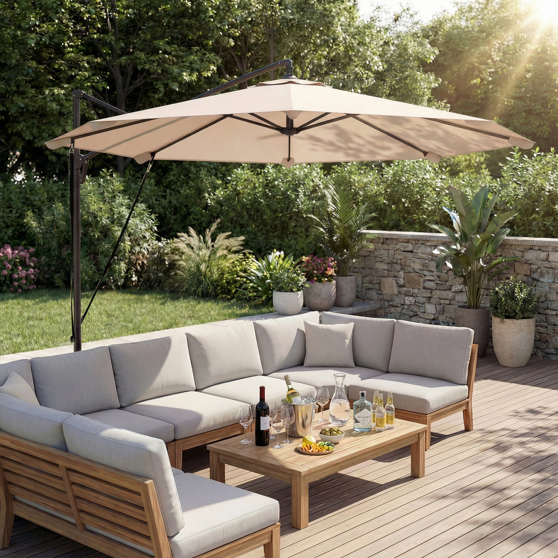 Outsunny Parasol Excéntrico Ø300 Cm Con Base Cruzada Manivela Y Funda Caqui_3
